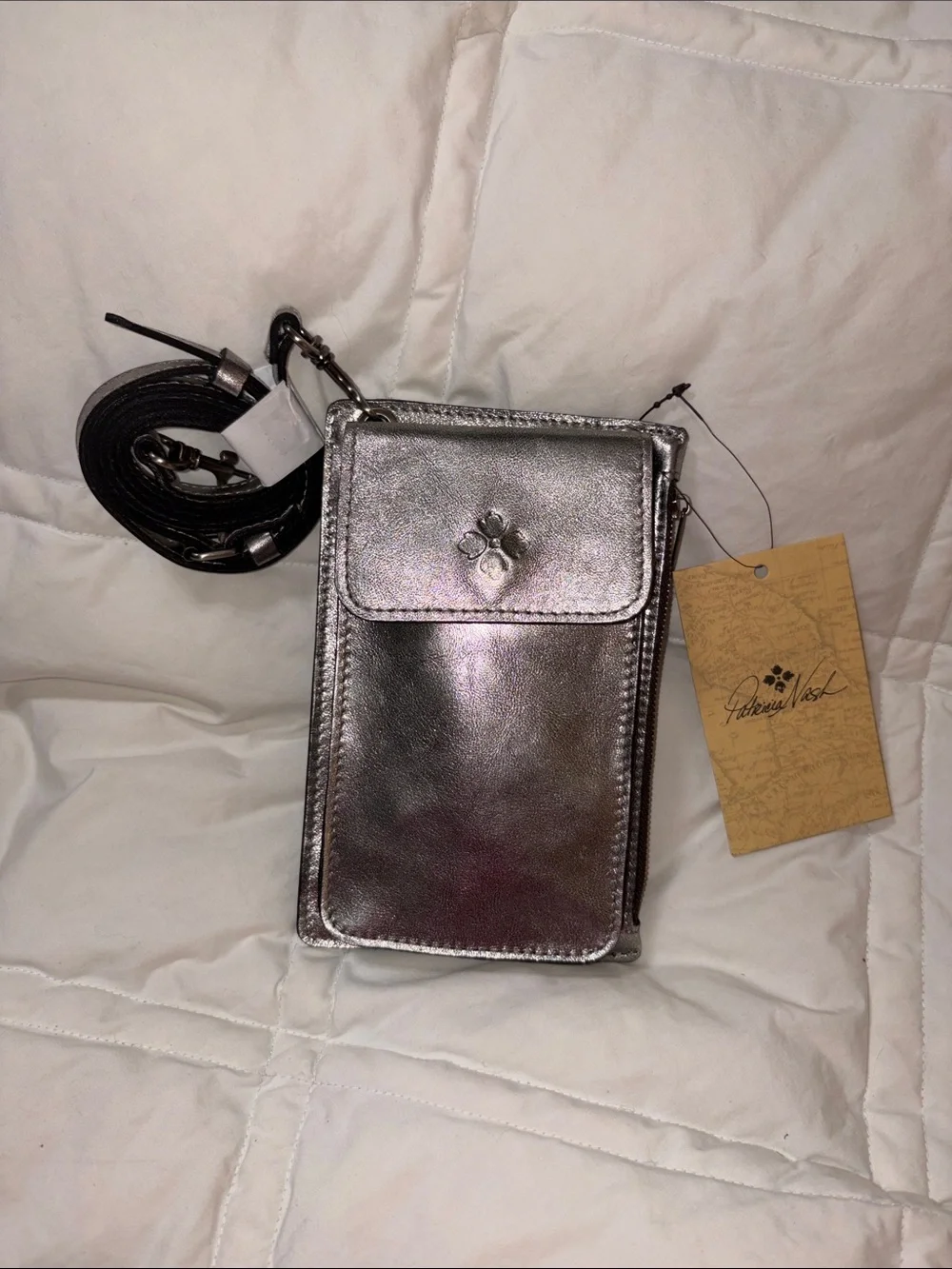 Nwt Patricia Nash metallic silver Chiavella Phone wallet Crossbody bag